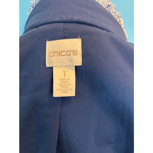 Chico's Boucle Jacket Blazer Open Front, 2 Zipper Pockets Blue White Lined 1 M 8 - Picture 9 of 9
